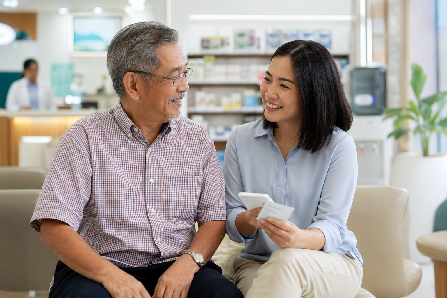 Malaysian adult child accompanying a senior parent for healthcare support